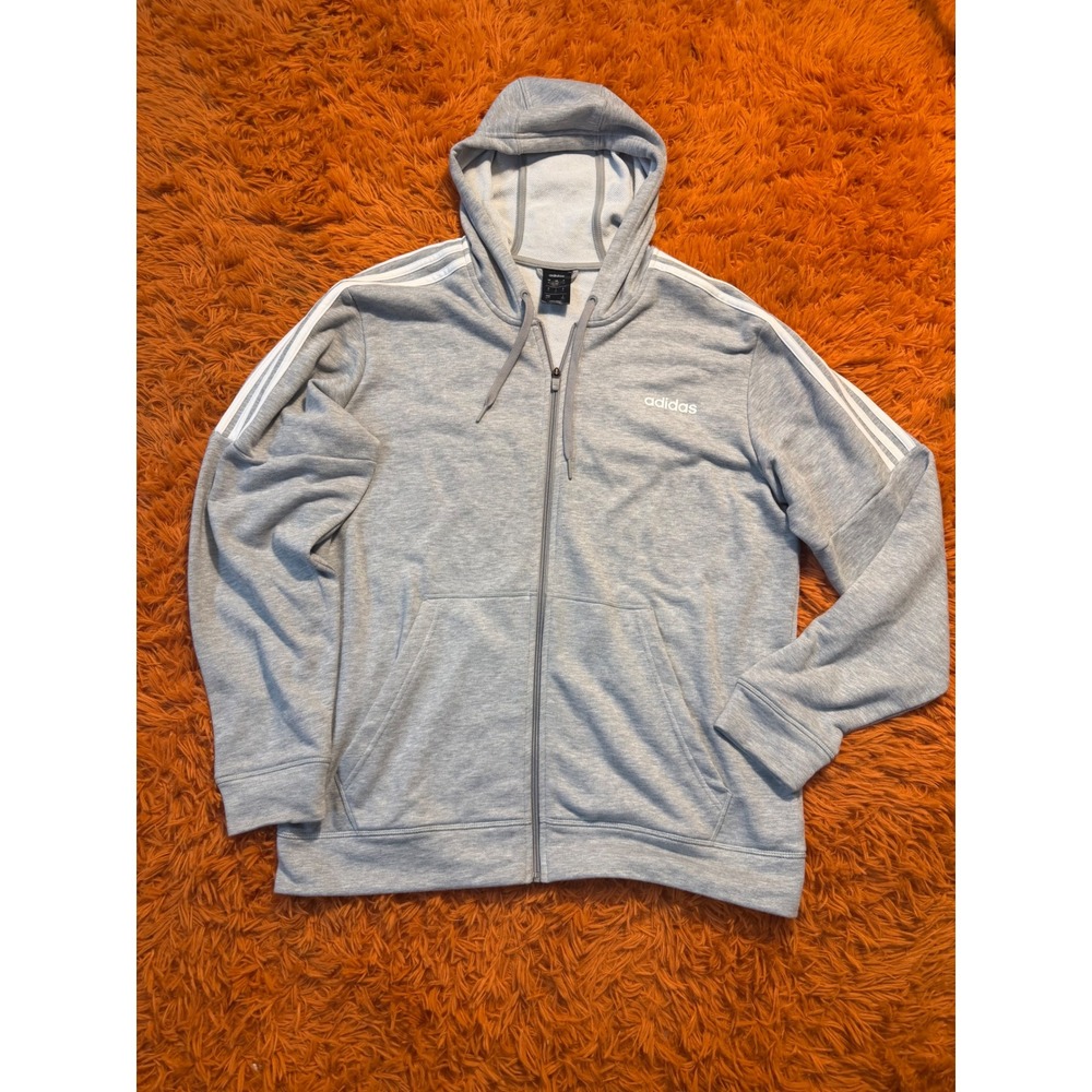 Adidas Mens XL Full Zip Hoodie Heather Grey 3 Stripe French Terry Sweatshirt